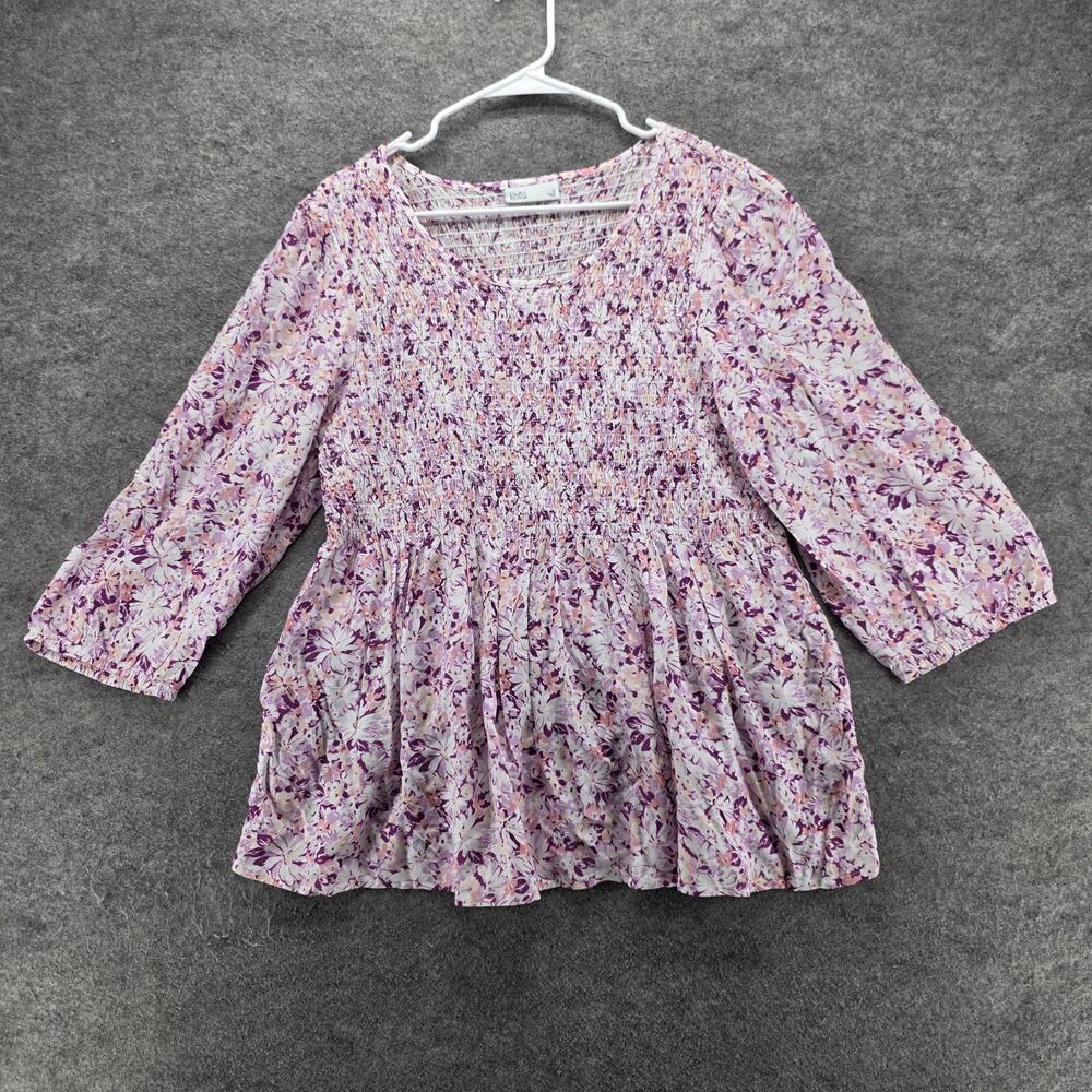 Croft & Barrow Blouse Tunic Womens L Purple Floral Scoop Neck Smocked 3/4 Sleeve